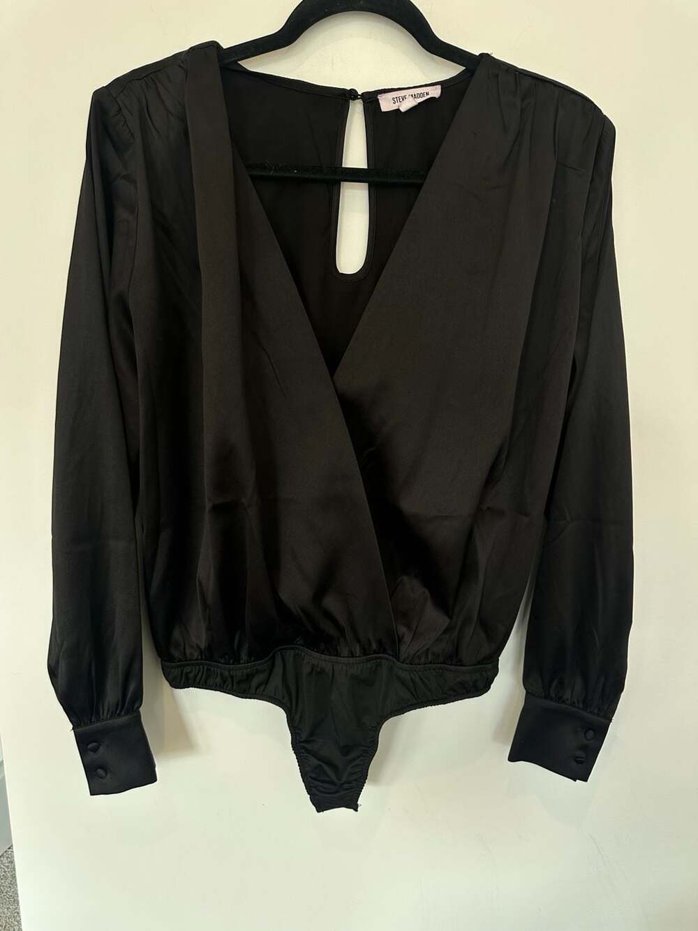 Steve Madden Black Satin Surplice Long Sleeve Bodysuit